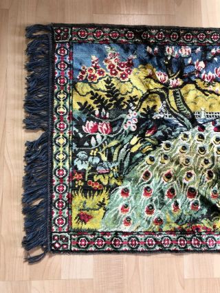 Vintage Velveteen Tapestry Wall Hanging Rug - Peacock - 36 x 19 SWAN Textile Fabric 2