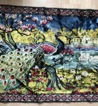 Vintage Velveteen Tapestry Wall Hanging Rug - Peacock - 36 x 19 SWAN Textile Fabric 3