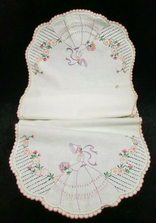 Vintage Dresser Scarf Runner Antique Hand Embroidered Crocheted Southern Belle