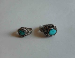 Antique Tibet Top High Aged Silver And Turquoise Inlay Finger Rings