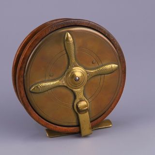 Antique Brass And Wood Fishing Reel,  England Circa 1900 Or Earlier.