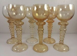6 Antique Bohemian Czech Gold Roemer Wine Glasses 7 1/4 "