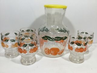 Vintage Anchor Hocking Orange Juice Pitcher Carafe Decanter And 5 Juice Glasses