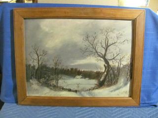 Antique C.  1900 Folk Art Oil On Board Painting Winter Solace In Northeast