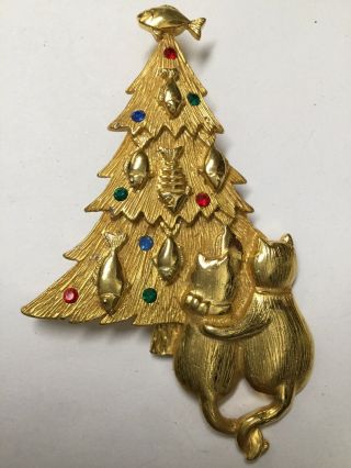 Vintage Jj Jonette Jewelrly Gold Plated Rhinestone Cat Fish Christmas Tree Pin