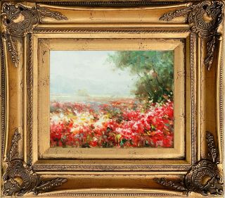 Antique Gold Framed Oil Painting On Canvas,  Elegant Scenery,  Blooming Flowers