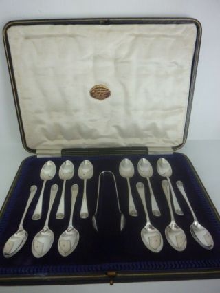 Boxed Set Of 12 Solid Silver Coffee Spoons & Tongs Cooper Bros Sheffield 1921