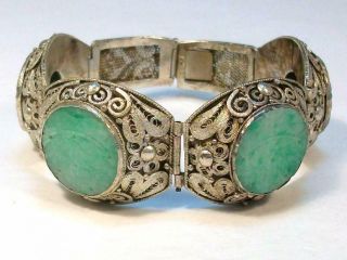 Antique Chinese Export Silver Filigree Carved Jade Panel Bracelet - Very Ornate