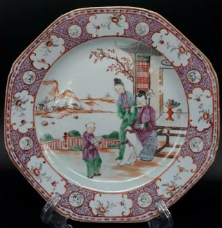 Chinese Antique Qing Dynasty,  Qianlong Plate With Ladies And Child,  18c