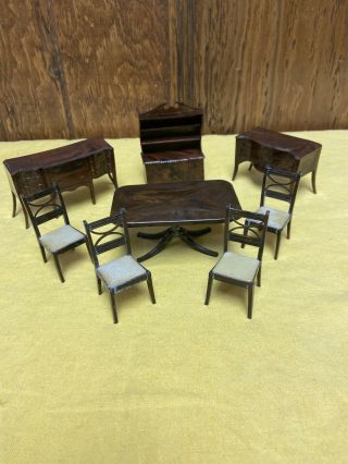 Vintage Renwal Dinning Room Dollhouse Furniture Table Chairs Hutch China Buffet
