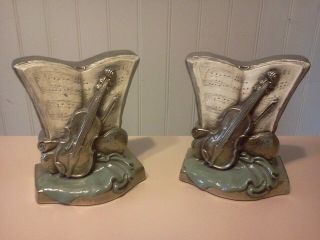 Vintage Pair Marion Bronze Violin & Sheet Music Bookends Paint Heavy