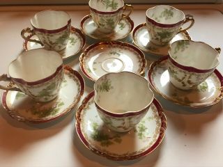 M Redon Limoges Gold Gild Red Floral Coffee Cup And Saucer Antique 6pc