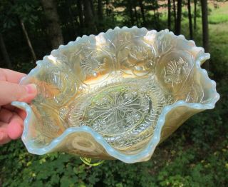 Fenton Dragon Lotus Antique Carnival Art Glass Bowl Iridescent Vaseline Opal