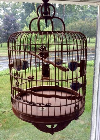 Antique Chinese Asian Carved Rosewood,  Brass And Porcelain Bird Cage House