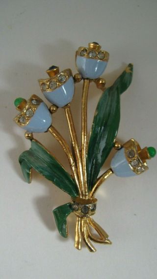 Wonderful Vintage 1940s Enamel Figural Flower Rhinestone Brooch Pin