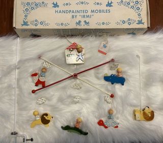 Vintage Irmi Musical Zoo Mobile Hand Painted Wood Baby Crib Plays Brahms Lullaby