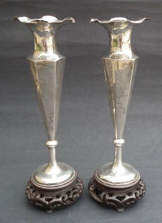 Good 19th Century Chinese Export Silver Vases On Wooden Bases