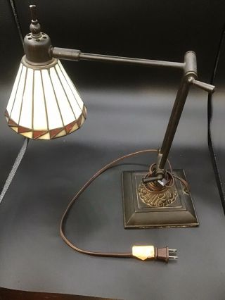Vintage Mission Arts Crafts Slag Glass Shade Desk Lamp Banker Articulating