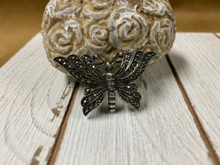 Vtg Art Deco 925 Sterling Silver & Marcasite Insect Butterfly Brooch Pin