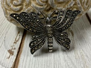 Vtg Art Deco 925 Sterling Silver & Marcasite Insect Butterfly Brooch Pin 2