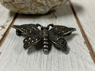 Vtg Art Deco 925 Sterling Silver & Marcasite Insect Butterfly Brooch Pin 3