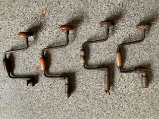 Vintage Antique Hand Crank Drills With Wood Handles - Set Of 4