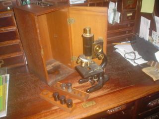 Antique Bausch & Lomb Microscope,  Wood Box,  Key,  Spencer Light,  Lens Papers