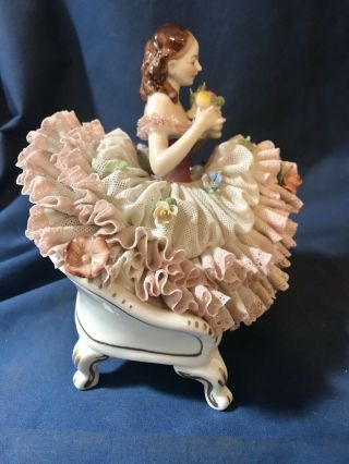 ANTIQUE VOLKSTEDT DRESDEN PORCELAIN LACE BALLERINA FIGURINE SEATED ON SOFA 2