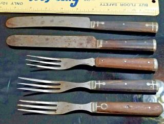 5 Vtg Primitive Utensils Knives 3 Tine Forks Civil War Era Wood Metal