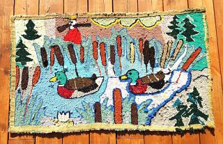 Early 1900’s Antique Hooked Rug Folk Art W/ Duck Hunt On Lake 2