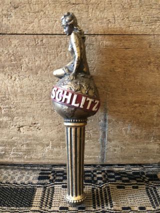 Vintage Schlitz Beer Tap Handle Lady Goddess On World Globe Gold 9 1/2” 3