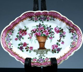 Fine 18thc Chinese Qianlong Famille Rose Enamel Floral Basket Ring Dish Tray