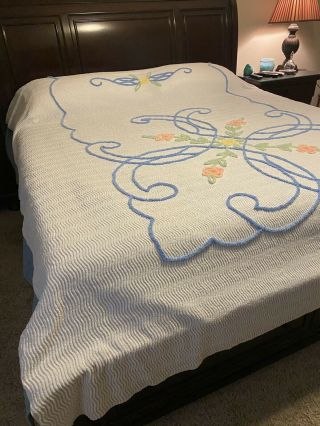 Vintage White Chenille Bedspread Double Full Bed 104” X 94” Floral