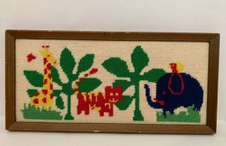 Vintage 1970s Finished Crewel Embroidery Jungle Animals/tree 13 " X 6 " Hand Made