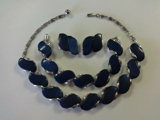Vintage Signed Lisner Navy Blue Thermoset Necklace/bracelet/earrings Set Demi Pa