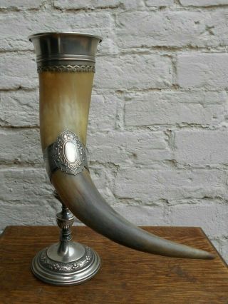 Antique Silver Plate Mounted Horn Cup Libation Cup