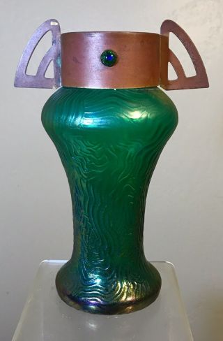 Antique Loetz Kralik Maze Design Glass Vase With Metal Top Jeweled