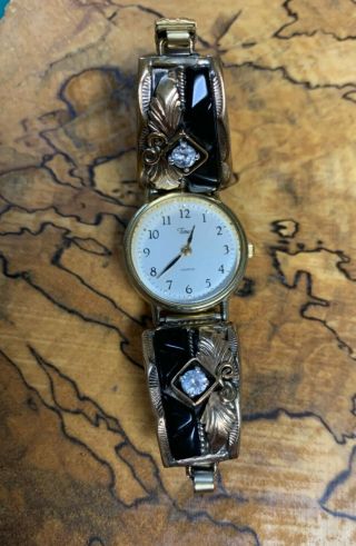 Vintage Navajo Signed " Stc " Watch.  Onyx,  Cz And 12k Gold Gf Watch Tips.