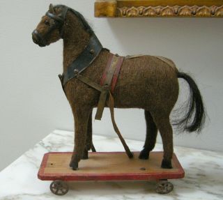 Antique German Horse Pull Toy Glass Eyes 10 " Tall