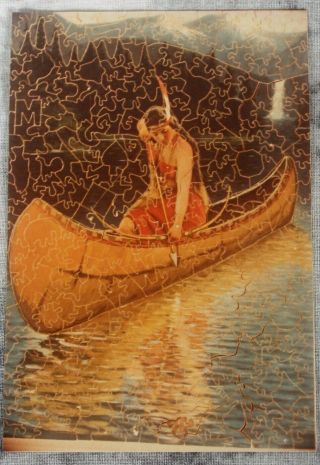 Antique Pastime Parker Bros Wood Jigsaw Puzzle Indian Girl Maiden In Canoe 1924