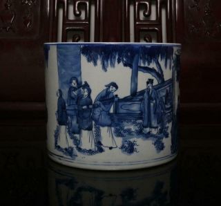 Old Large Blue And White Chinese Porcelain Brush Pot Kangxi Mk H7”