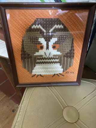 Vintage 1977 Owl Needlework Framed 13 - 1/2x12”