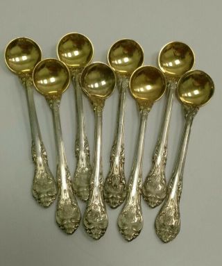 Set Of 8 Sterling Silver Gorham Salt Spoons 1936 King Edward W/ Vermeil Bowls
