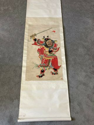 Old Chinese Scroll Painting Of A Temple Deity On Paper