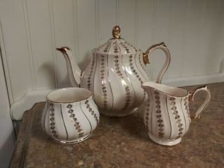 Vintage Sadler England Teapot,  Sugar And Creamer Gold And Cream