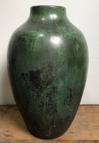 Large Antique Arts & Crafts Clewell Copper Clad Pottery Vase Verdigris 11” Tall
