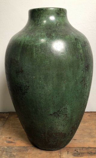 Large Antique Arts & Crafts Clewell Copper Clad Pottery Vase Verdigris 11” Tall 2
