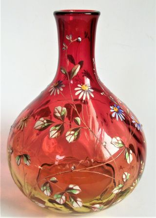 Signed Moser 7 " Amberina Enamel Floral Cranberry Antique Bohemian Art Glass Vase