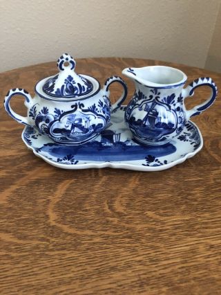 Vintage Delft Blue Hand Painted Cream And Sugar Set With Tray Holland