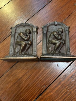 Antique Vintage " The Thinker " Rodin Bookends - Cast Iron Bronze - Art Deco Pair